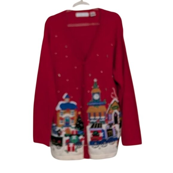 Vintage North Pole Cardigan Womens Size Medium Embroidered Beaded Christmas Red - Picture 1 of 16